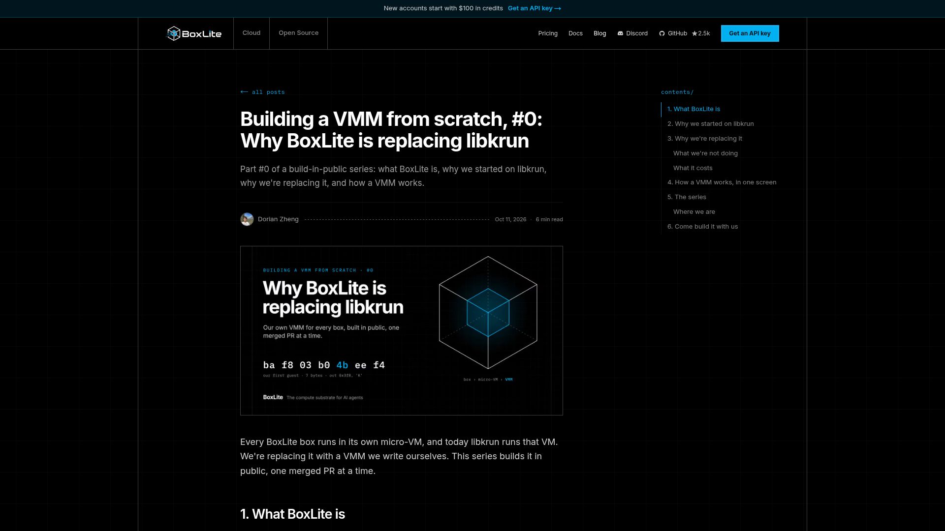 Screenshot of blog.boxlite.ai: Building a VMM from scratch, #0: Why BoxLite is replacing libkrun