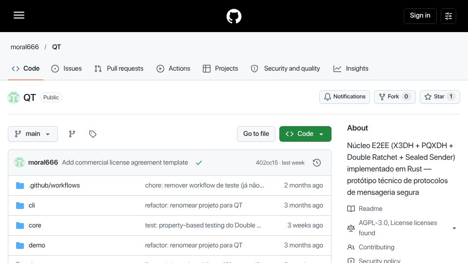Screenshot of github.com: Qt An E2EE post-quantum messenger core in Rust (10k connections on 124MB RAM