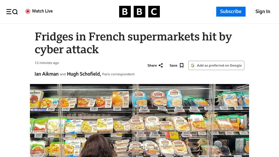 Screenshot of bbc.com: Fridges in French supermarkets hit by cyber attack