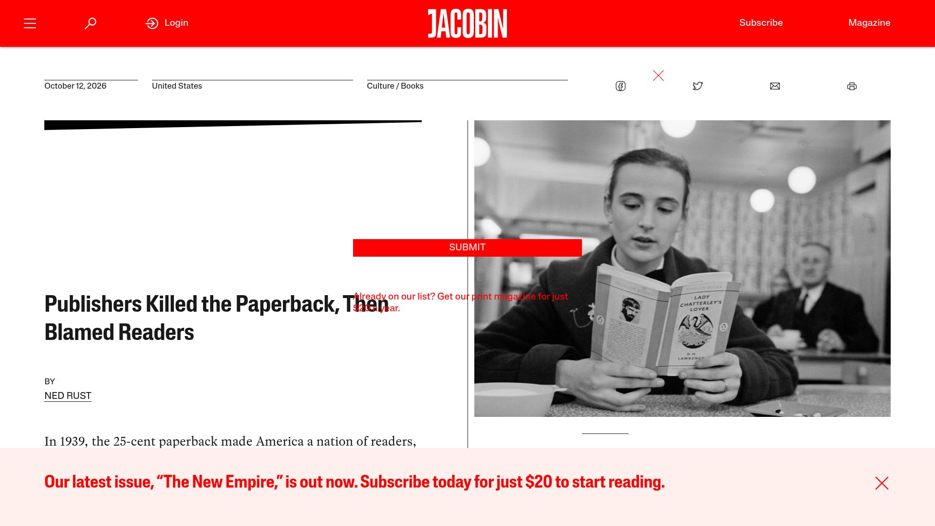 Screenshot of jacobin.com: Publishers Killed the Paperback, Then Blamed Readers