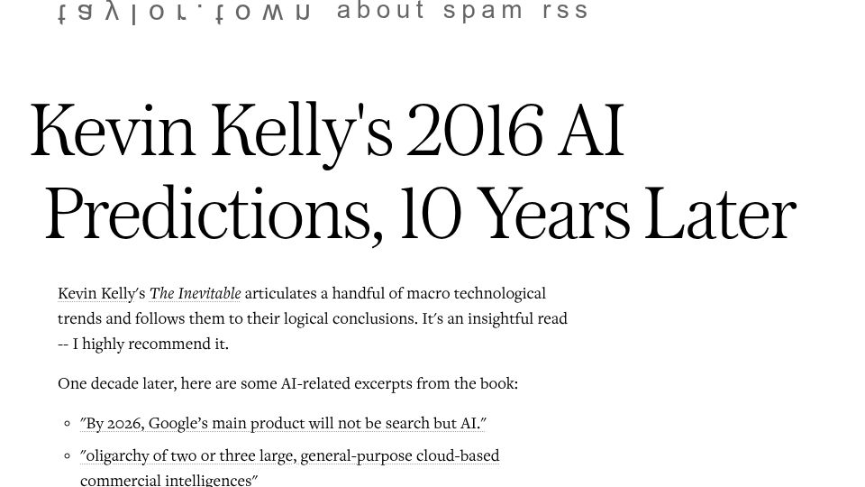 Screenshot of taylor.town: Kevin Kelly's 2016 AI Predictions, 10 Years Later