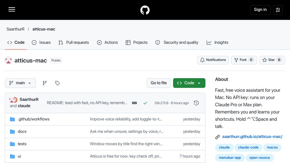 Screenshot of github.com: Show HN: Atticus – Hold-to-talk voice assistant for macOS that runs on Claude -p