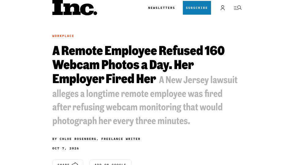 Screenshot of inc.com: A Remote Employee Refused 160 Webcam Photos a Day. Her Employer Fired Her