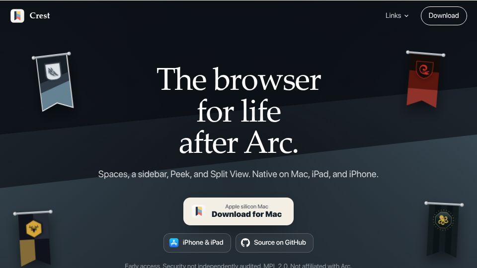 Screenshot of crestbrowser.com: Crest – an Arc-inspired open-source browser for Mac