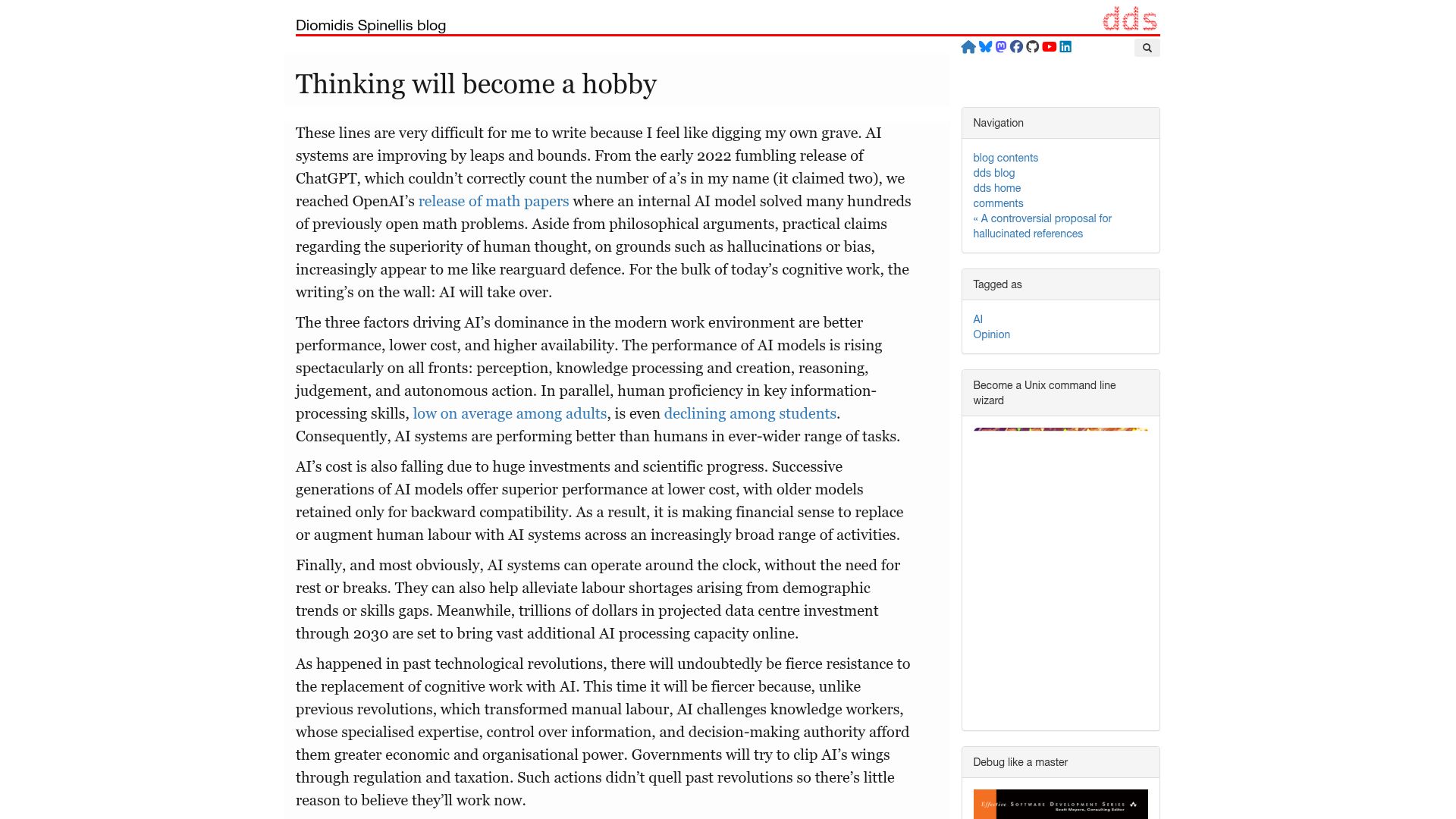 Screenshot of spinellis.gr: Thinking will become a hobby