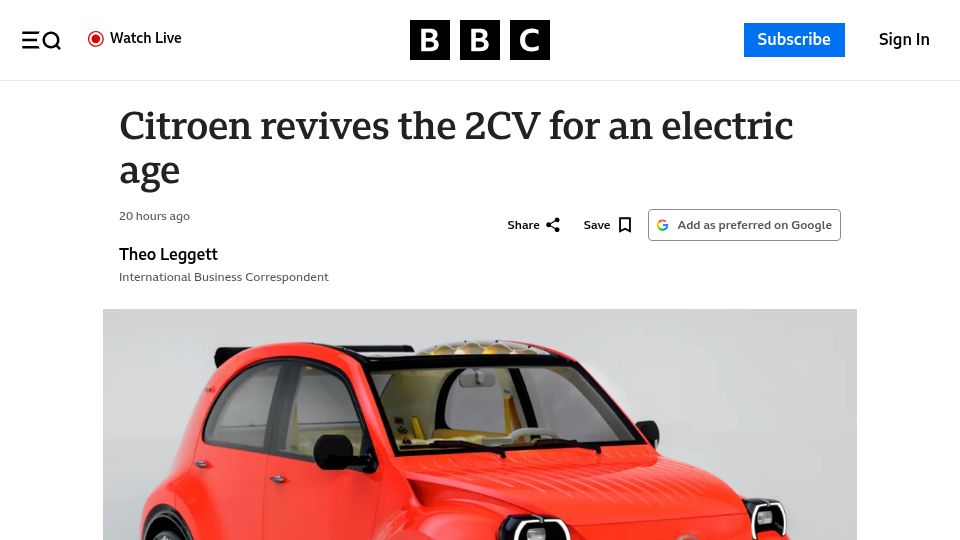 Screenshot of bbc.com: Citroen revives the 2CV for an electric age