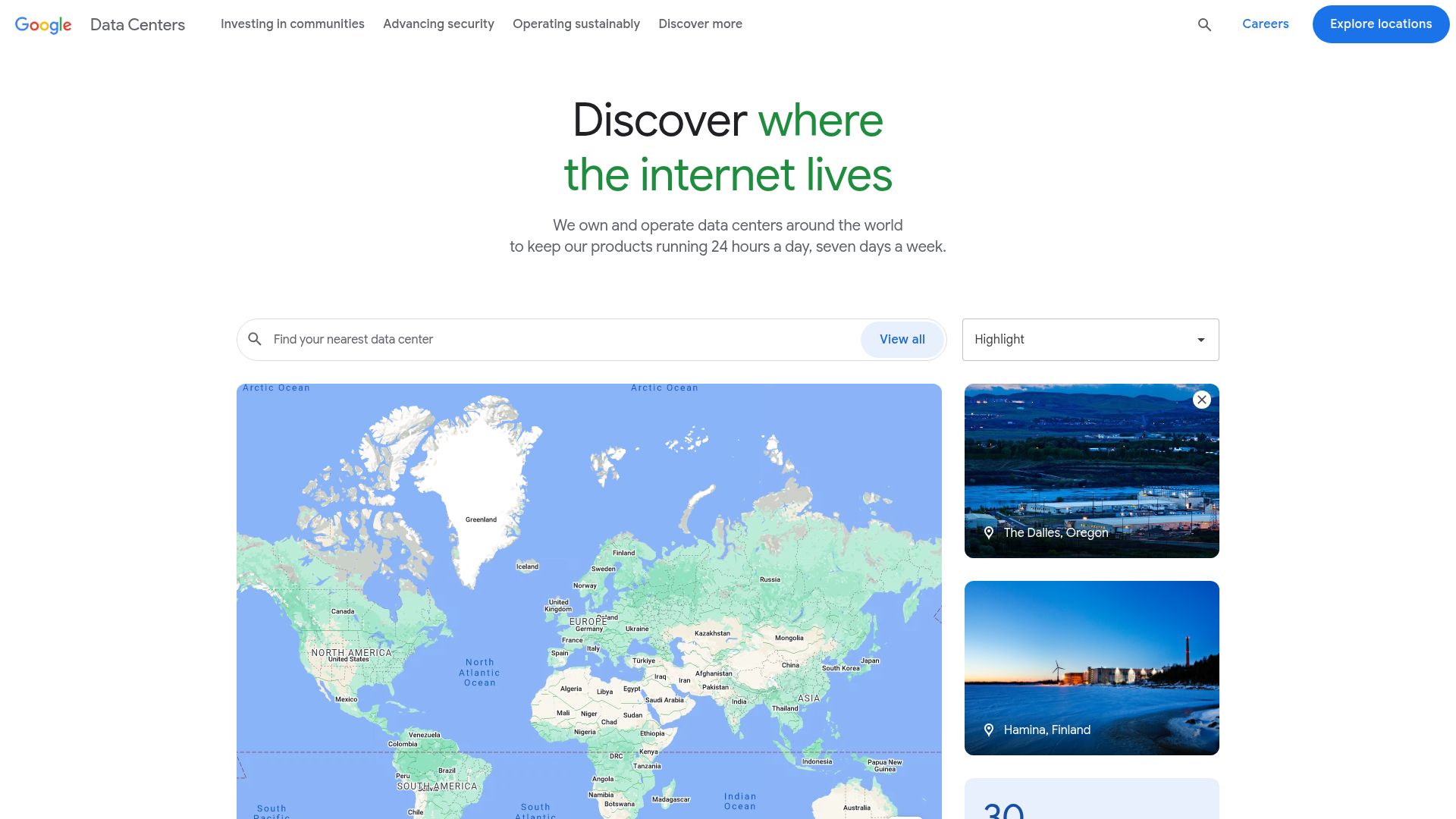 Screenshot of datacenters.google: Google Data Centers around the world