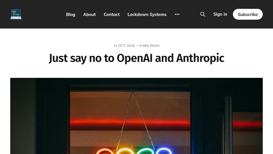 Screenshot of micahflee.com: Just say no to OpenAI and Anthropic