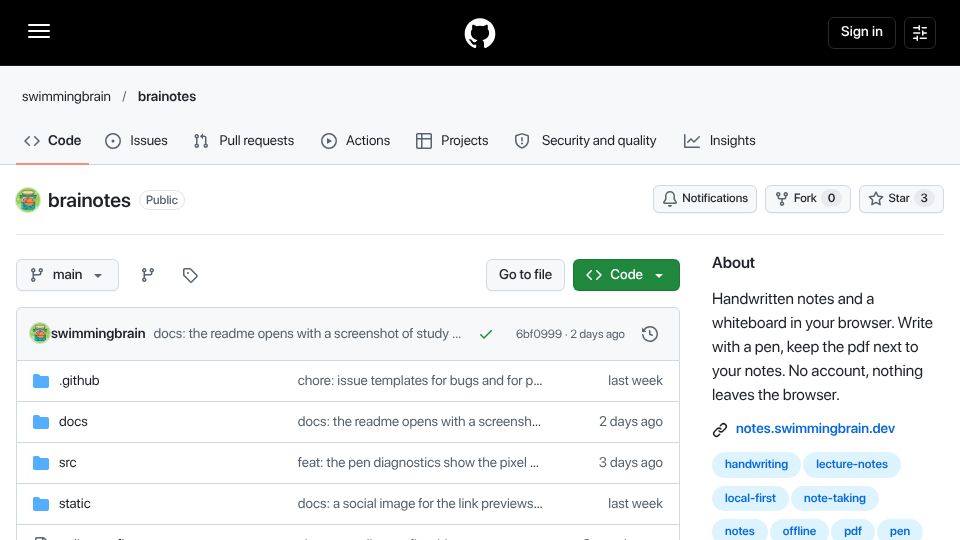 Screenshot of github.com: Show HN: BraiNOTES, handwritten notes on your lecture PDFs in a browser tab