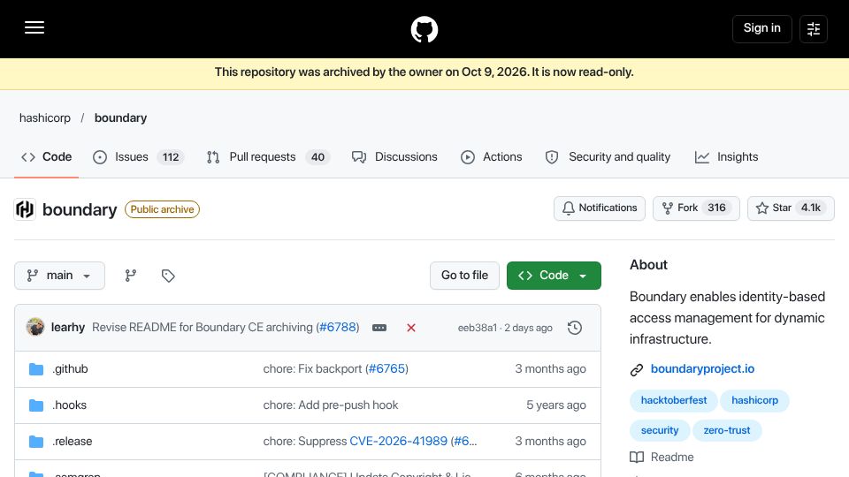 Screenshot of github.com: HashiCorp archives the Boundary open source repo