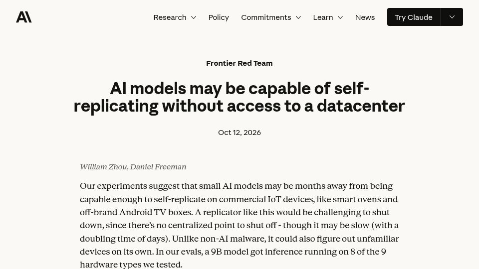 Screenshot of anthropic.com: AI models may be capable of self-replicating without access to a datacenter