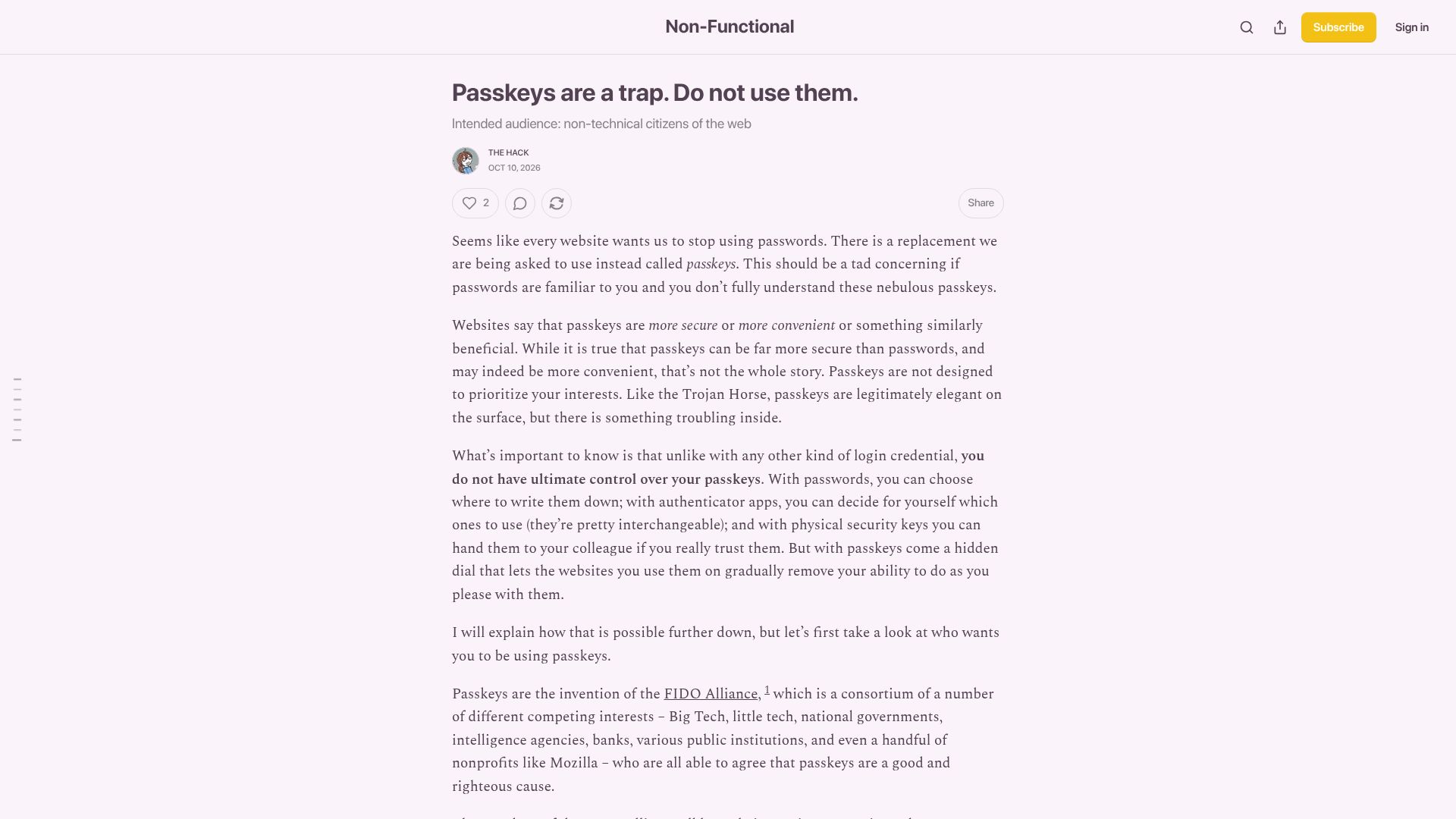 Screenshot of nonfunctional.substack.com: Passkeys are a trap