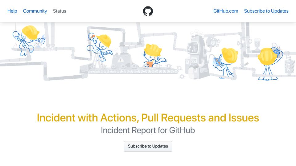 Screenshot of githubstatus.com: Incident with Actions, Pull Requests and Issues