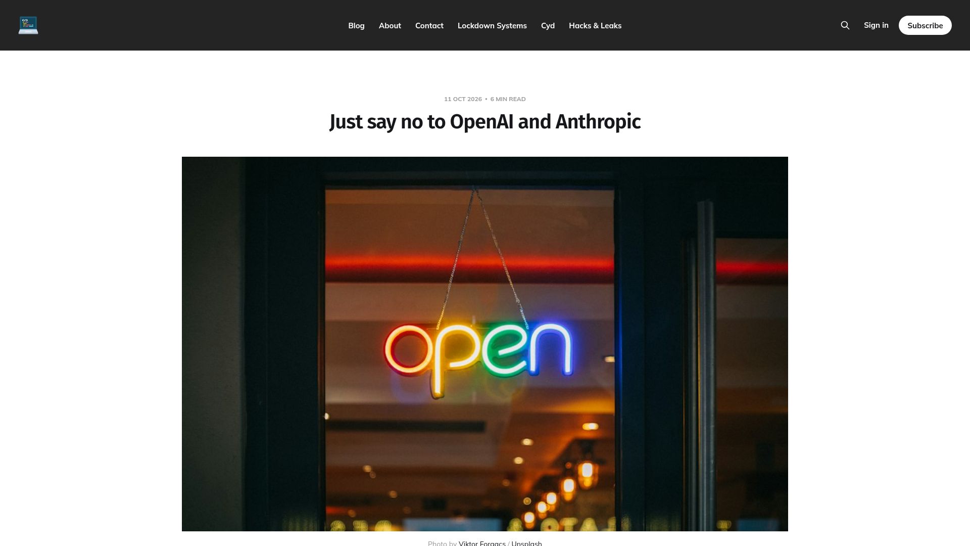 Screenshot of micahflee.com: Just say no to OpenAI and Anthropic