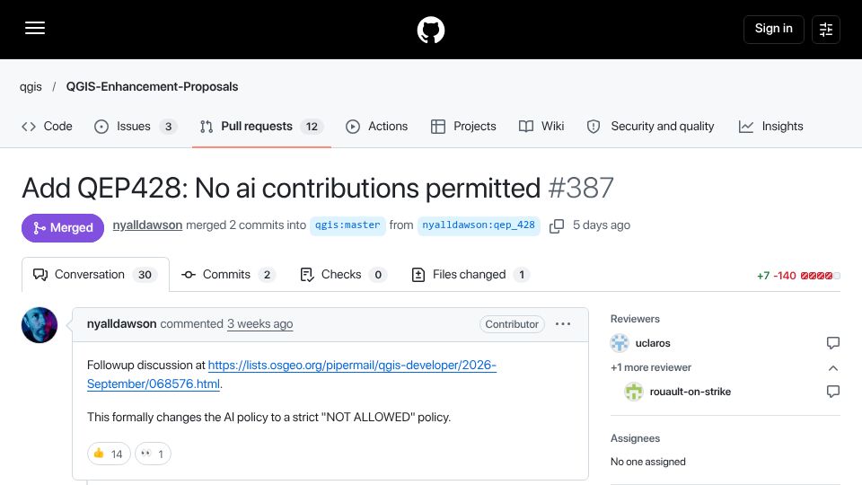 Screenshot of github.com: QGIS enacts moratorium on AI contributions