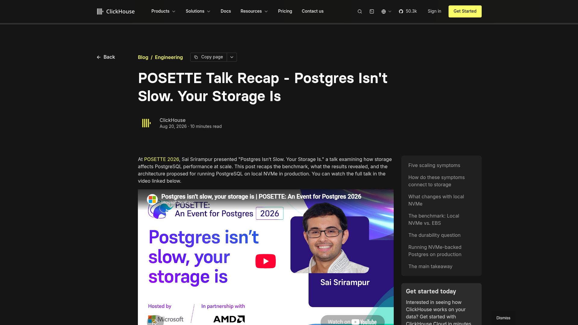 Screenshot of clickhouse.com: Postgres isn't slow, your storage is