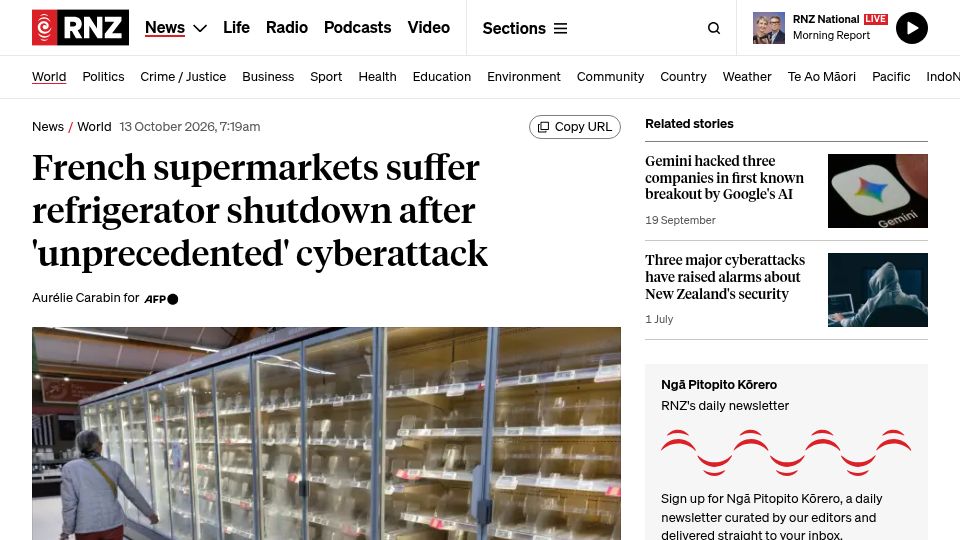 Screenshot of rnz.co.nz: French supermarkets suffer refrigerator shutdown after unprecedented cyberattack
