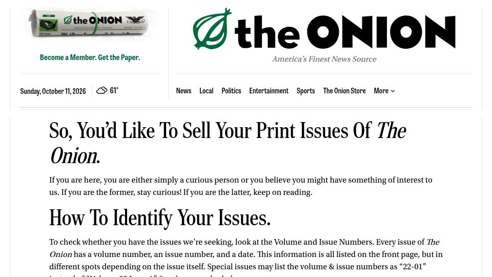 Screenshot of theonion.com: So, you’d like to sell your print issues of The Onion?
