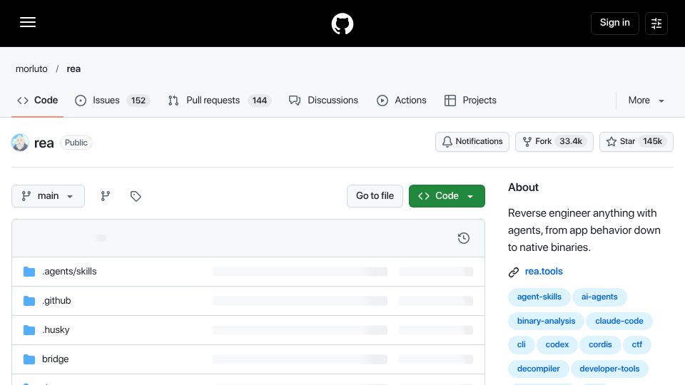 Screenshot of github.com: Reverse engineer anything with agents, from app behavior down to native binaries