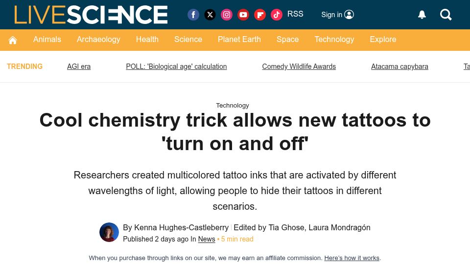 Screenshot of livescience.com: Tattoos you can turn on and off