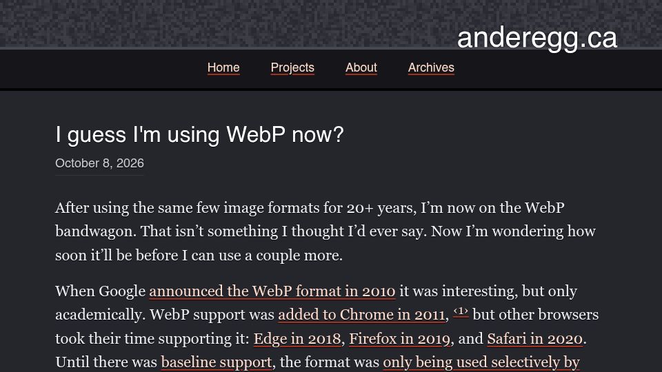 Screenshot of anderegg.ca: I guess I'm using WebP now?