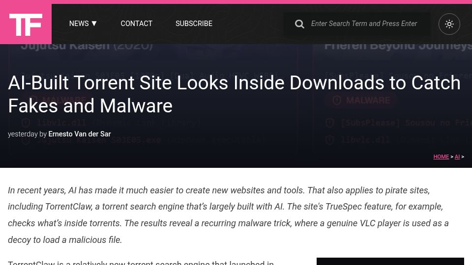 Screenshot of torrentfreak.com: AI-Built Torrent Site Looks Inside Downloads to Catch Fakes and Malware