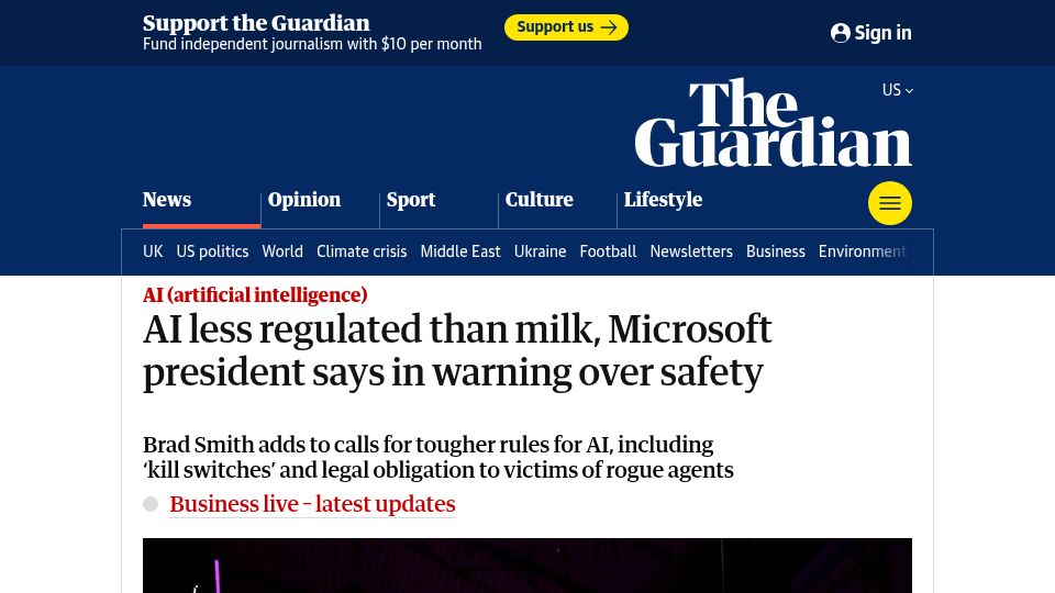 Screenshot of theguardian.com: AI less regulated than milk, Microsoft president says in warning over safety