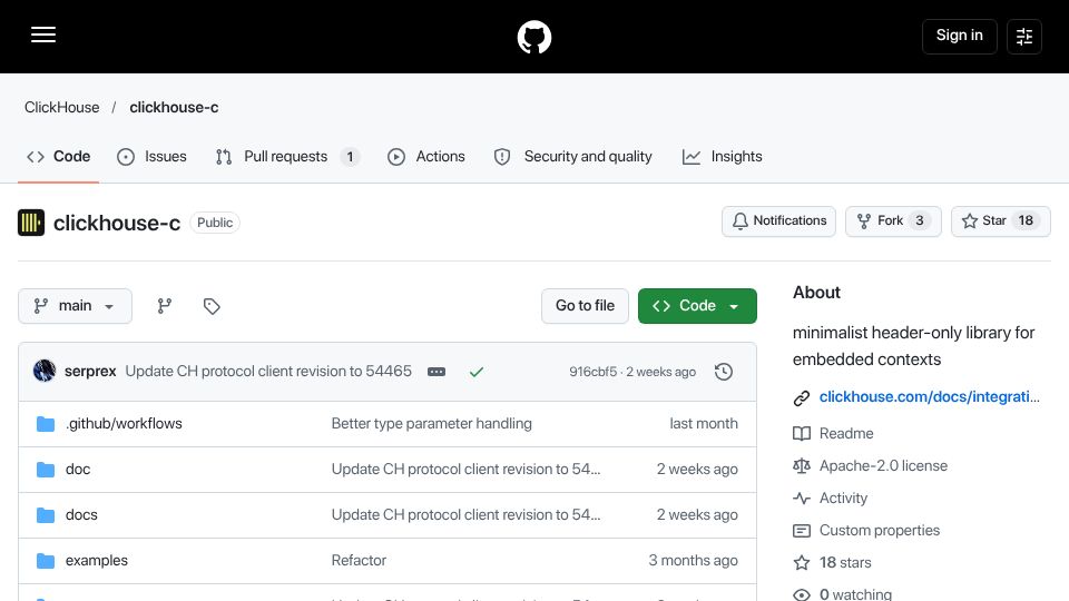 Screenshot of github.com: ClickHouse C – Talk to ClickHouse using its native binary protocol