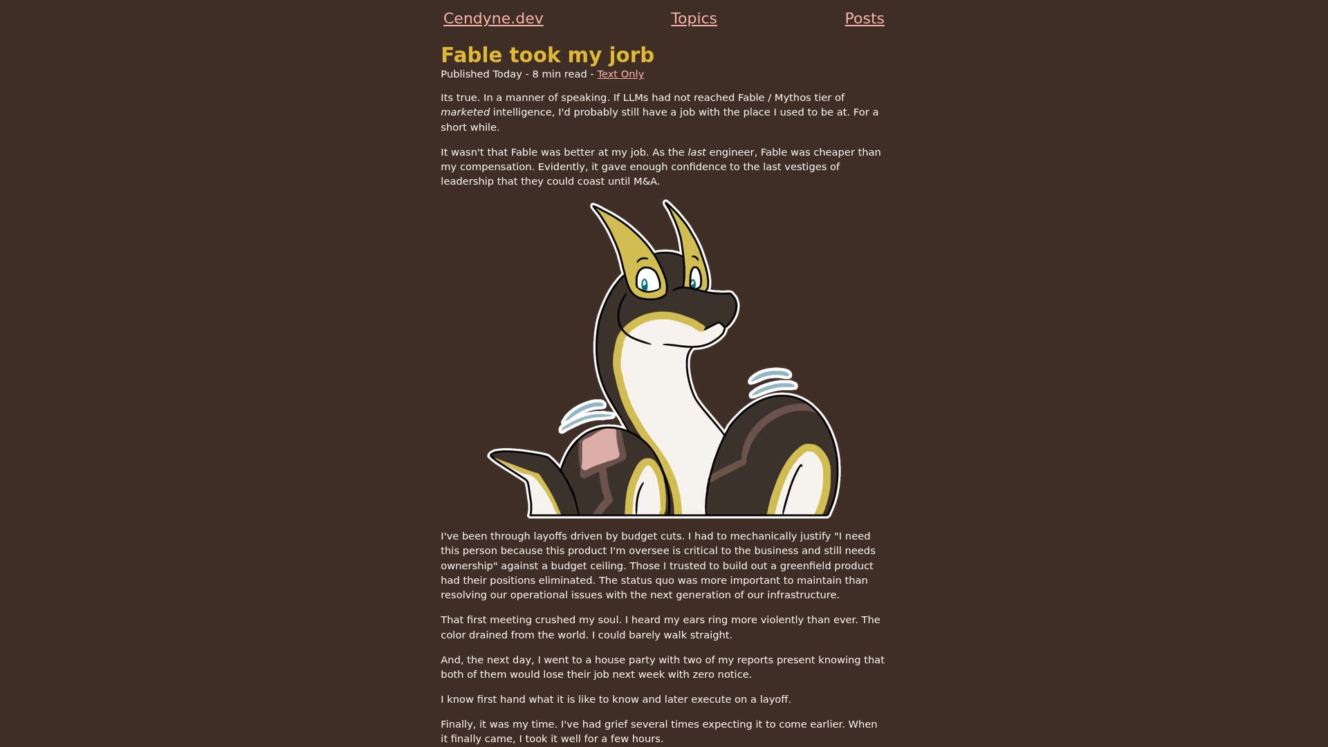 Screenshot of cendyne.dev: Fable Took My Job