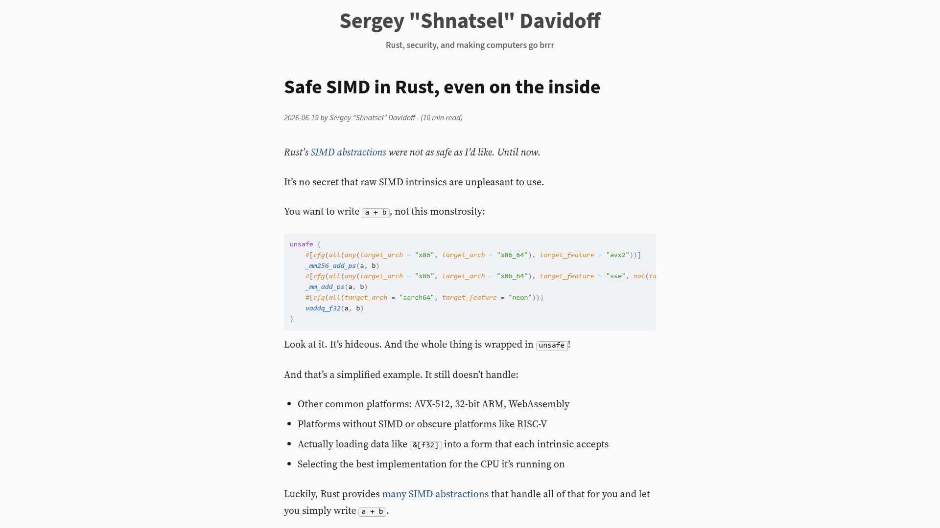Screenshot of shnatsel.github.io: Safe SIMD in Rust, even on the inside