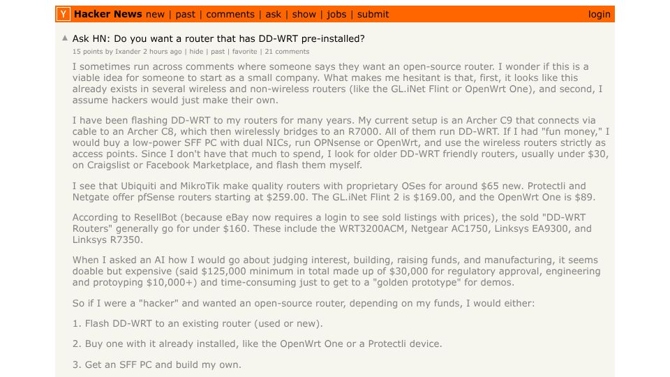 Screenshot of Hacker News post: Ask HN: Do you want a router that has DD-WRT pre-installed?