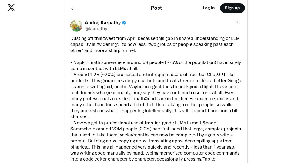 Screenshot of twitter.com: The gap in shared understanding of LLM capability is widening
