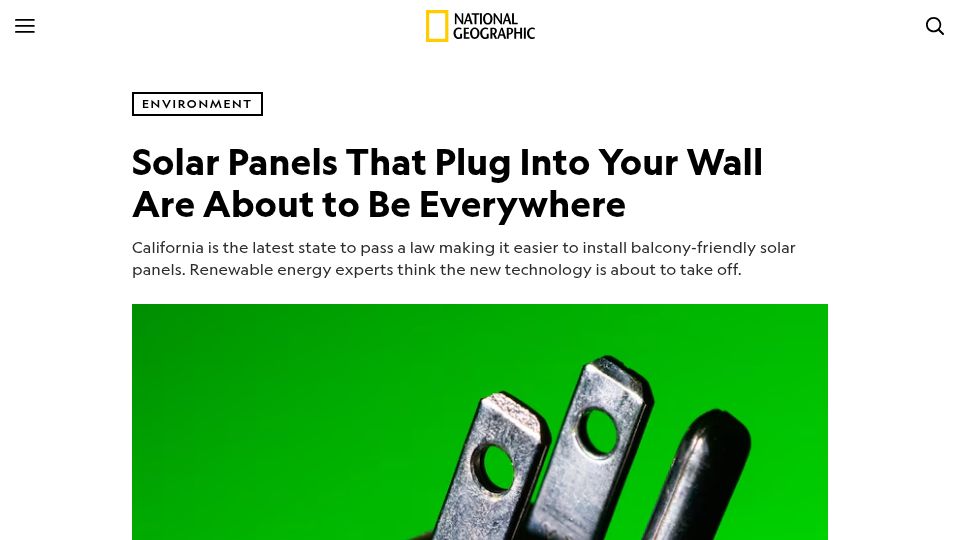 Screenshot of nationalgeographic.com: Solar panels that plug into your wall