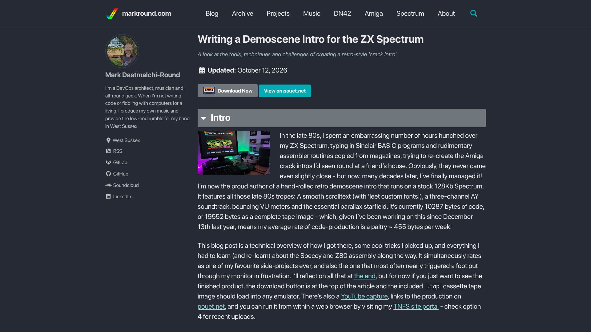 Screenshot of markround.com: Writing a Demoscene Intro for the ZX Spectrum