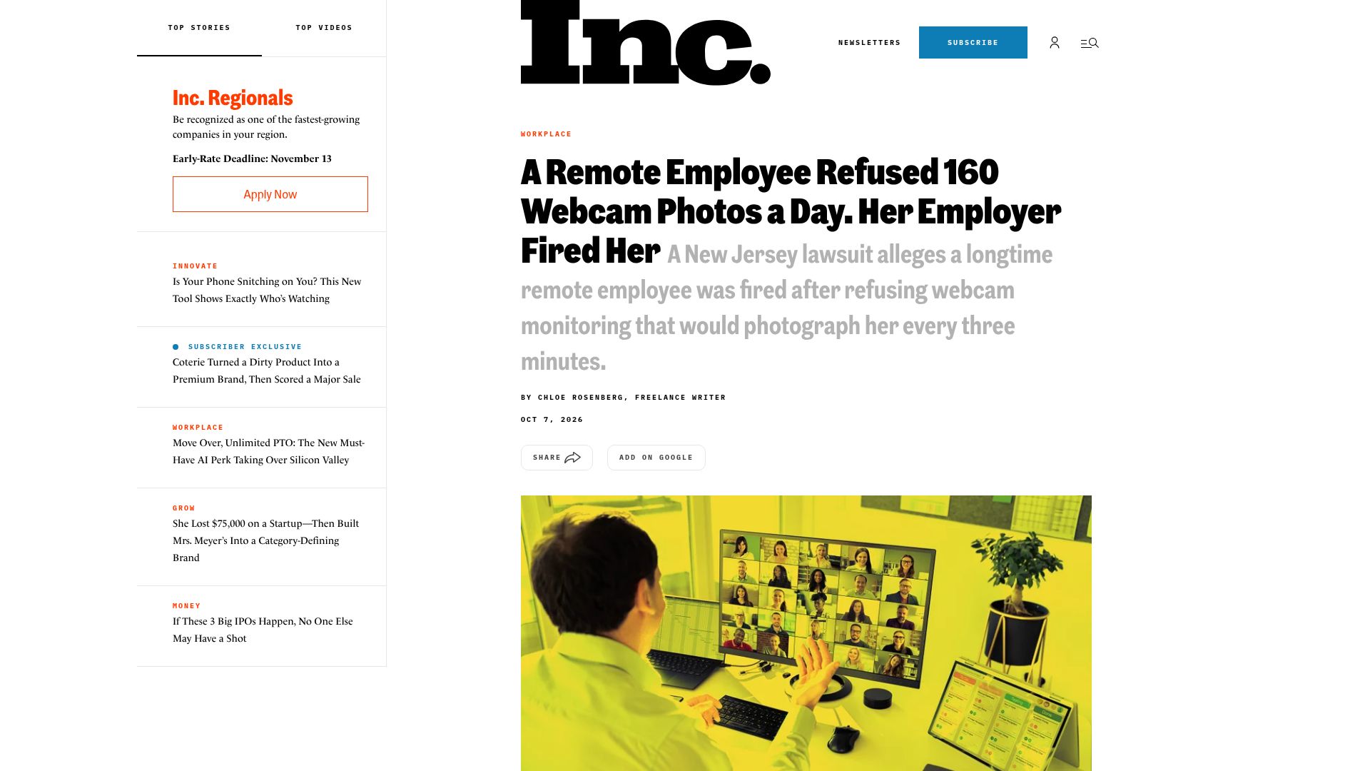 Screenshot of inc.com: A Remote Employee Refused 160 Webcam Photos a Day. Her Employer Fired Her