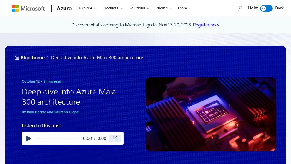 Screenshot of azure.microsoft.com: Deep dive into Azure Maia 300 architecture