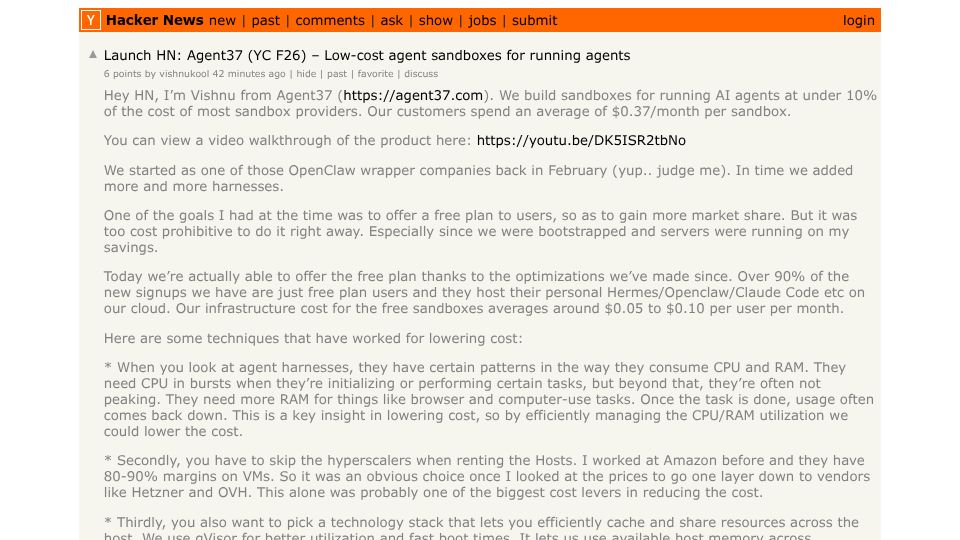 Screenshot of Hacker News post: Launch HN: Agent37 (YC F26) – Low-cost agent sandboxes for running agents
