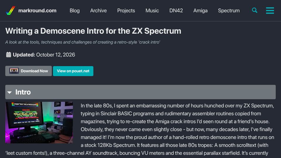 Screenshot of markround.com: Writing a Demoscene Intro for the ZX Spectrum