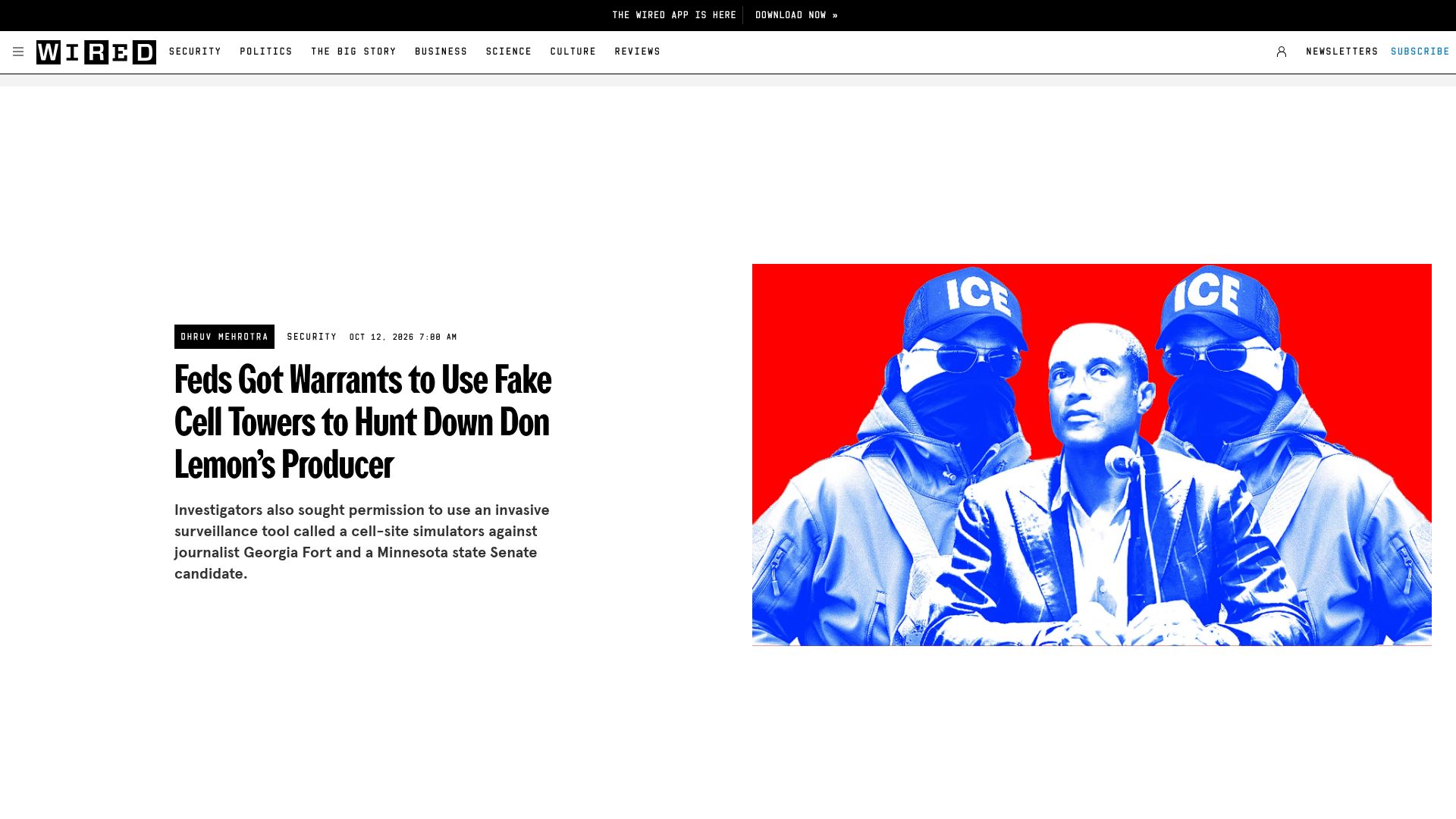 Screenshot of wired.com: Feds got warrants to use fake cell towers to hunt down Don Lemon's producer
