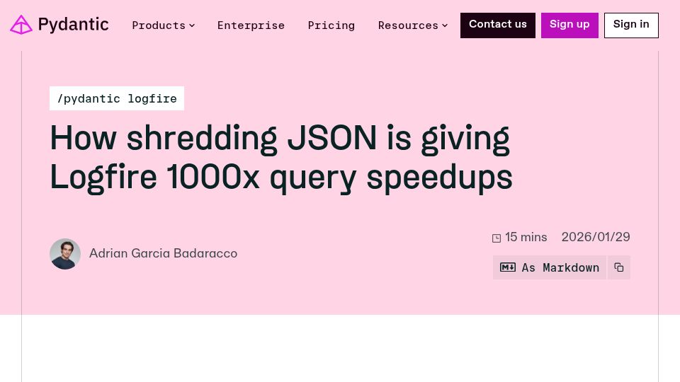 Screenshot of pydantic.dev: Shredding JSON columns gave Logfire up to 1000x faster queries