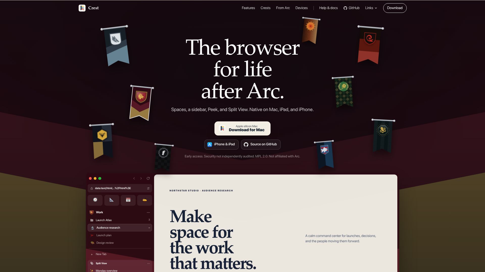 Screenshot of crestbrowser.com: Crest – an Arc-inspired open-source browser for Mac