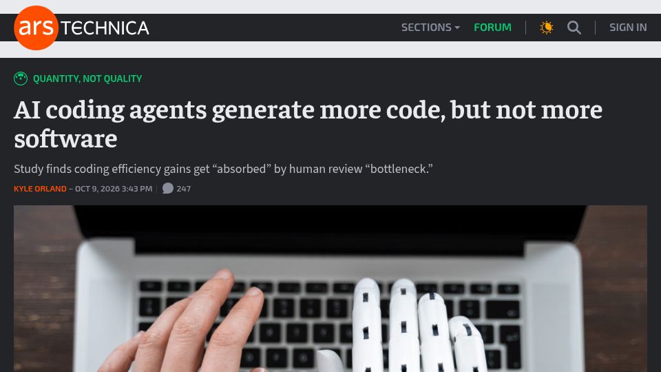 Screenshot of arstechnica.com: AI coding agents generate more code, but not more software