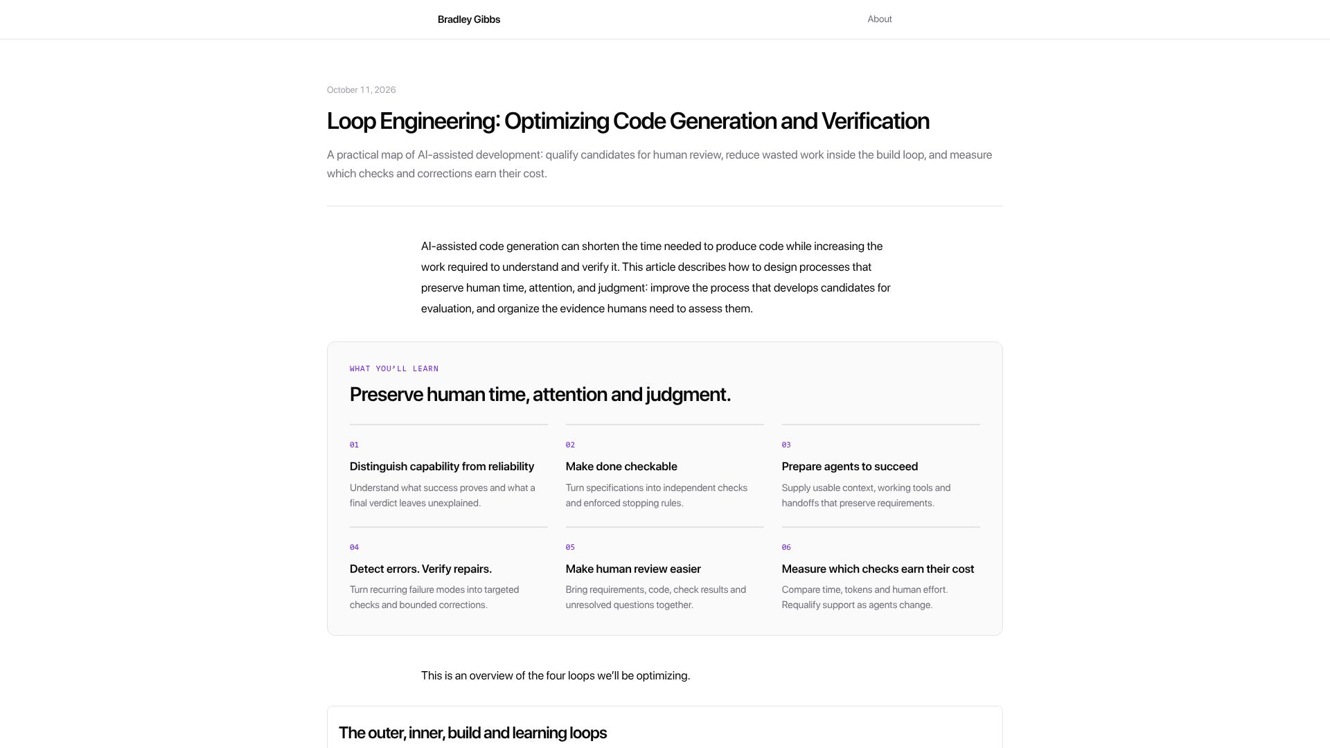 Screenshot of bradleygibbs.dev: Loop Engineering: Optimizing Code Generation and Verification