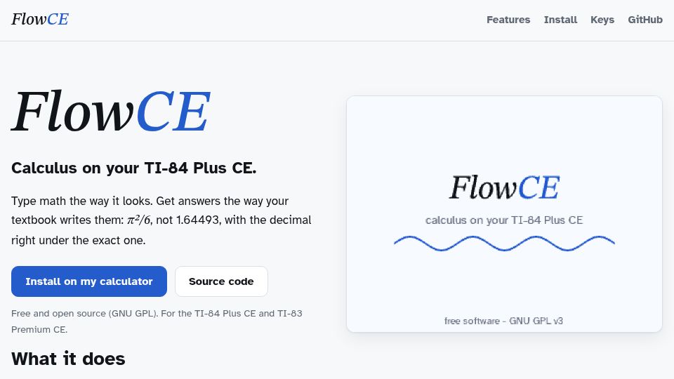 Screenshot of tommyb3ll.github.io: FlowCE: Calculus on your TI-84 Plus CE