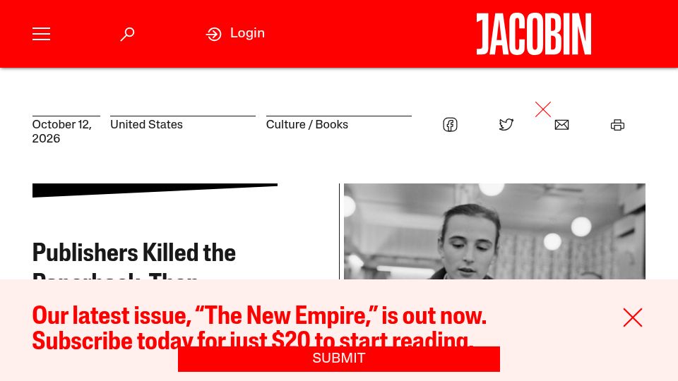 Screenshot of jacobin.com: Publishers Killed the Paperback, Then Blamed Readers