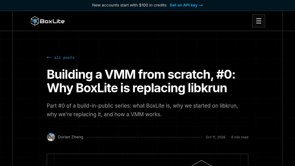 Screenshot of blog.boxlite.ai: Building a VMM from scratch, #0: Why BoxLite is replacing libkrun
