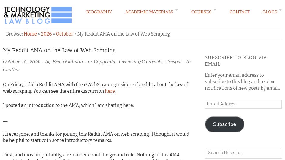 Screenshot of blog.ericgoldman.org: My Reddit AMA on the Law of Web Scraping