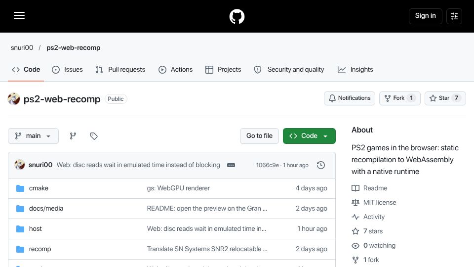 Screenshot of github.com: Show HN: PS2 games statically recompiled to WebAssembly