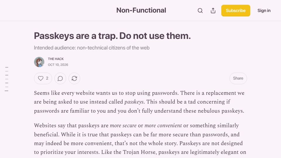 Screenshot of nonfunctional.substack.com: Passkeys are a trap