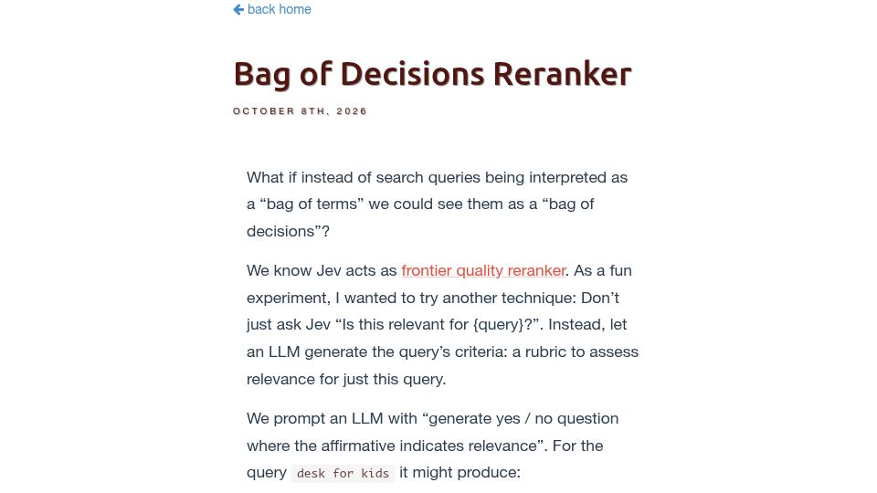 Screenshot of softwaredoug.com: Bag of Decisions Reranker